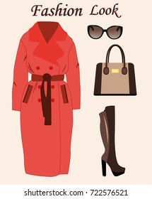 Fashion clothes set with accessories. Stylish and trendy women's clothing for cold season. Flat style vector illustration.