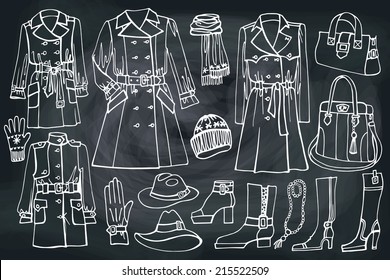 Fashion clothes set. Autumn ,winter,spring woman fashion  wear collection. Chalk  Outline Sketchy on chalkboard.Fashion illustration in Vector