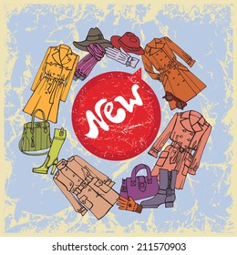 Fashion clothes set. Fashion and beauty. Autumn ,winter,spring woman fashion. Retro grunge background.Red sign "New".Round composition