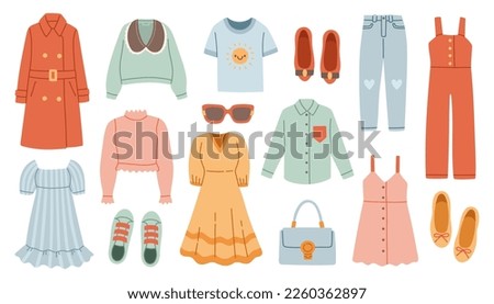 Fashion clothes set. Different apparel collection. Modern casual dress, pants, jeans, shoes and bag. Flat graphic vector