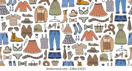 Fashion clothes set. Garment, accessory for men, women. Different apparel collection. Modern casual dress, pants, jacket, shoes and bags. Seamless pattern background for your design. Vector