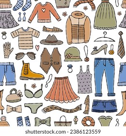 Fashion clothes set. Garment, accessory for men, women. Different apparel collection. Modern casual dress, pants, jacket, shoes and bags. Seamless pattern background for your design. Vector