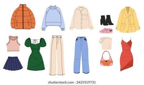 Fashion clothes set. Garment, accessory for men, women. Different apparel collection. Modern casual dress, pants, jacket, shoes and bags. Flat graphic vector illustration isolated on white background.