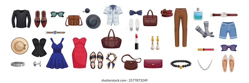 Fashion clothes set. Garment, accessory for men, women. Different apparel collection. Modern casual dress, pants, jacket, shoes and bags. Flat graphic vector illustration isolated on white background.