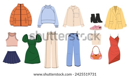 Fashion clothes set. Garment, accessory for men, women. Different apparel collection. Modern casual dress, pants, jacket, shoes and bags. Flat graphic vector illustration isolated on white background.