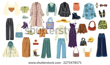 Fashion clothes set. Stickers with trousers, blouses, coats, accessories, shoes and outerwear for stylish outfits. Various casual apparel. Cartoon flat vector collection isolated on white background