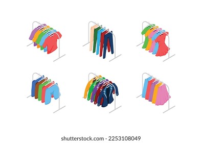 Fashion clothes set.Garment, accessory for men, women. Different apparel collection. Modern casual dress, t-shirts , pants,suit jacket ,dress and skirt.Flat graphic vector illustration isolated