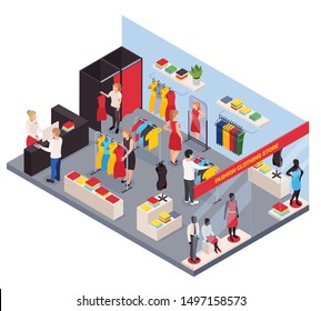 Fashion clothes shop isometric composition with people trying on and buying apparel on white background 3d vector illustration