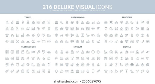 Fashion clothes size, art gallery and museum masterpiece, world religions line icon set. City infrastructure and transport for travel, bicycle tools thin black outline symbols vector illustration