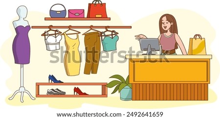 Fashion clothes store background illustration.Clothing store flat color vector illustration. Shop. Shopping mall. Cloth boutique. Fashion store with clothing racks, hangers, mirror in the background.