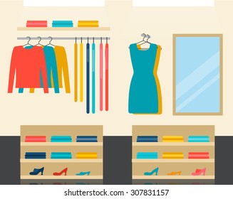 Fashion clothes store interior, vector illustration