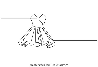 Fashion clothes symbol for bridal shop, Wedding dress in one continuous line drawing vector illustration