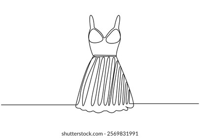 Fashion clothes symbol for bridal shop, Wedding dress in one continuous line drawing vector illustration