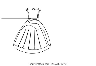 Fashion clothes symbol for bridal shop, Wedding dress in one continuous line drawing vector illustration