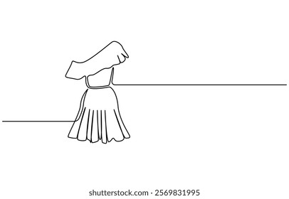 Fashion clothes symbol for bridal shop, Wedding dress in one continuous line drawing vector illustration