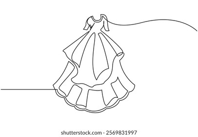 Fashion clothes symbol for bridal shop, Wedding dress in one continuous line drawing vector illustration