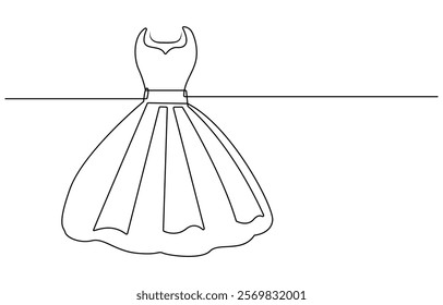 Fashion clothes symbol for bridal shop, Wedding dress in one continuous line drawing vector illustration