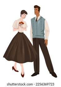 Tendencias de moda y ropa de la década de 1950, hombres y mujeres usando ropa tradicional. Novio y novias elegantes, dama de vestir y caballero con traje o traje formal. Vector de estilo plano