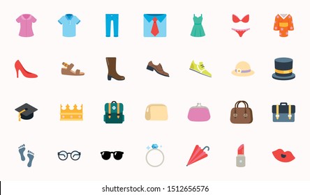 Fashion Clothes Vector Illustration Icons Set. Shopping Emojis Collection. Menswear, Womenswear, Accessories, Ring, Hat, Shirts, Wears, Apparels, Dresses svg
