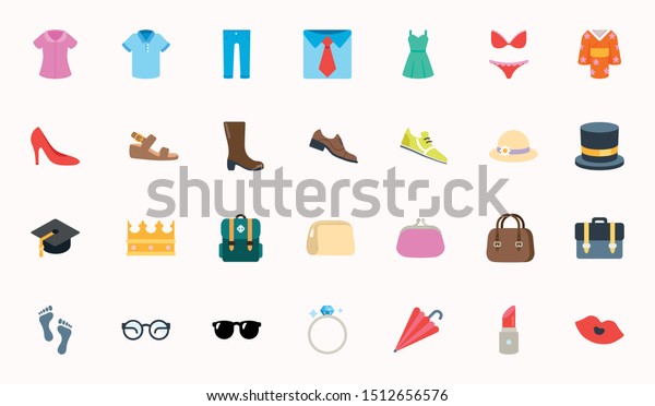 Fashion Clothes Vector Illustration\
Icons Set. Shopping Emojis Collection. Menswear, Womenswear,\
Accessories, Ring, Hat, Shirts, Wears, Apparels,\
Dresses