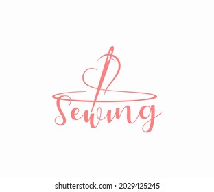 Fashion clothing boutique logo design. Clothes hanger with heart and and threading needle vector design. Tailor accessories for handmade needlework logotype