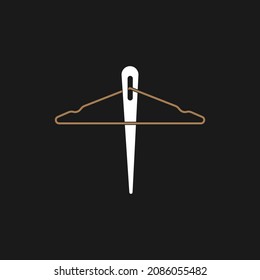 Fashion Clothing Boutique Logo Design. Clothes Hanger With And Threading Needle Vector Design. Tailor Accessories For Handmade Needlework Logotype