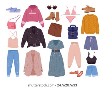 Fashion clothing. Cartoon clothes, jeans, dress and sweater, male and female casual garments and accessories flat vector illustration set. Modern apparel collection