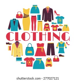 Fashion clothing circle infographics template concept. Icons design for your product or design, web and mobile applications. Vector flat with long shadow illustration on blue background