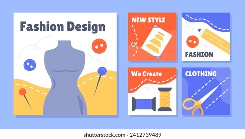 Fashion clothing design posters set. Dummy and mannequin. Equipment for seamstress. Needlework and handicraft. Scissors and button. Cartoon flat vector collection isolated on blue background