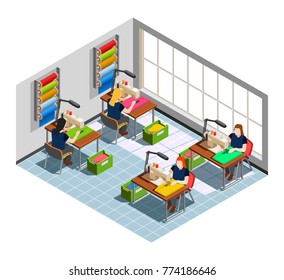 Fashion clothing factory seamstress workplace isometric composition with women at sewing machines and ready production vector illustration 