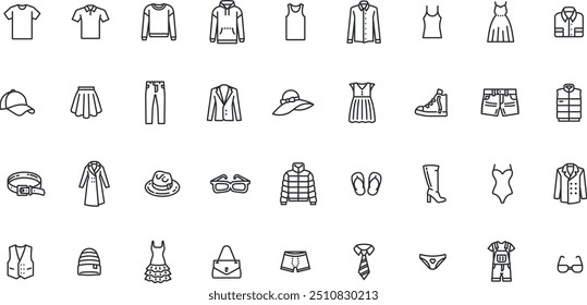 Fashion and Clothing icon set. T-shirt, clothes, sweatshirt, dress, hat, jacket etc.