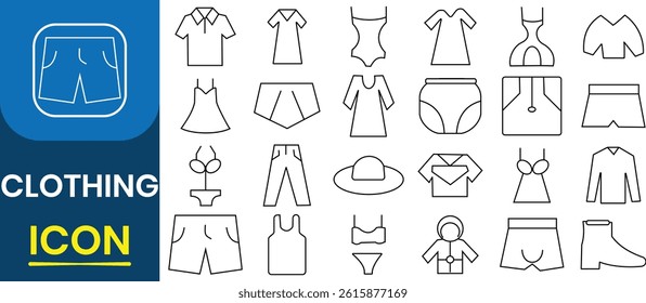 Fashion and Clothing icon vector set. Clothing icon vector set. T-shirt, clothes, sweatshirt, dress, tank top, soccer shoes, underpants', trench coat, hat, jean. vector illustration.