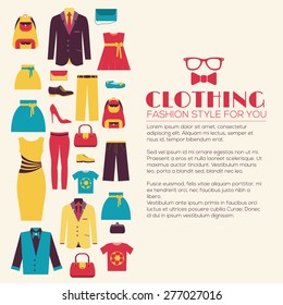 Fashion clothing infographics template concept. Icons design for your product or design, web and mobile applications. Vector flat with long shadow illustration on blue background