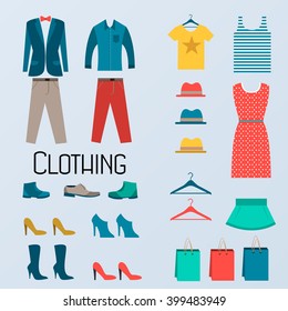 Fashion clothing infographics template concept. Icons design for your product or design, web and mobile applications. Vector flat with long shadow illustration on blue background