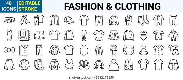 Fashion clothing line icons. sewing, clothing. Outline icon collection. Editable stroke. Vector illustration.