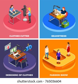 Fashion clothing manufacturing concept 4 isometric icons square with designing cutting sewing and mode show isolated vector illustration 