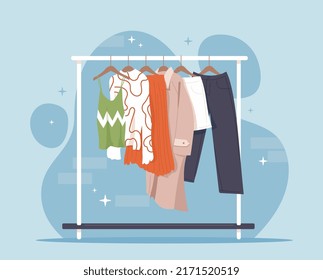 Fashion clothing on hangers. Stylish trousers, coat and shirt in wardrobe. Storage and organization of clothes. Shop or showroom. Cartoon flat vector illustration. Cartoon flat vector illustration