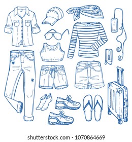 Fashion clothing set for travel in sketch style. Basic summer things in travel with suitcase in aircraft . Vector illustration hand line drawn isolated on white background for magazine.