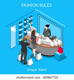 Fashion Clothing Shoes Room. 3D Isometric People character Dressing Store. Isometric Flat Retail Shopping People Shoes Shop. Fashion Infographic Space 3D. Woman Shopping Shoes Vector Image