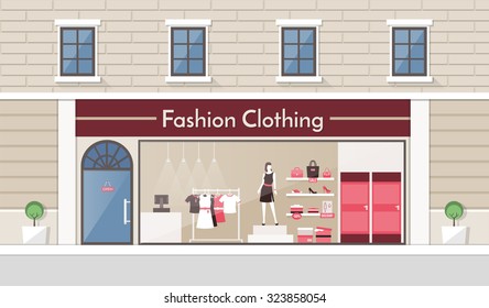 Fashion Clothing Store Display And Interior Banner, Clothes And Accessories On A Rack And On The Shelves