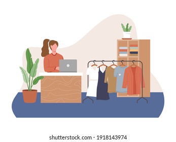 Fashion clothing store. Clothing store interior, Female clothes shopping with store interior. Small business concept, self-employment of a woman cashier in her clothing shop. Vector flat style