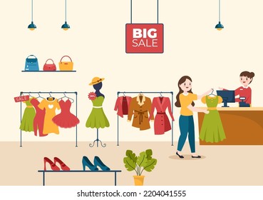 Fashion Clothing Store for Women Template Hand Drawn Cartoon Flat Illustration with Shopping Buying Products Cloth or Dresses Design