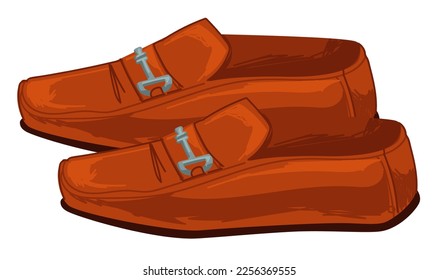 Fashion and clothing trends of 1980s, isolated pair of brown leather shoes with decorative clasp. Formal footwear for boys and gentlemen. Accessories and clothes in 80s. Vector in flat style