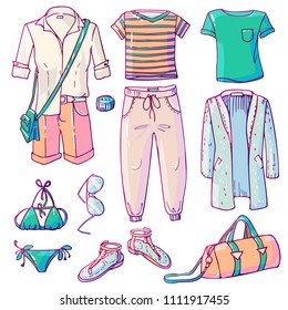 Fashion cloths set for travel in color. Basic summer things in travel with a bag in aircraft . Vector illustration isolated on white background for magazine.
