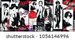 Fashion collage with freehand drawings, female faces