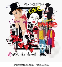 Fashion collage with freehand drawings, female faces