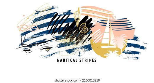 Fashion collage with nautical blue and white stripes