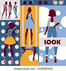 Fashion collage, vector illustration. Set of colorful stickers with beautiful models wearing stylish clothes. Wall decoration poster in modern style for fashion shop, new collection booklet cover