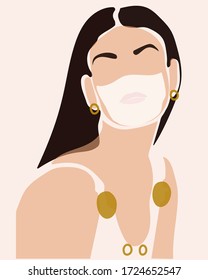 Fashion collage woman portrait with gold earrings, Italian girl in a mask to protect against the virus, flat, abstract illustration calling to wear a mask and stay fashionable