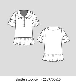 Fashion collar neck Ruffles  top button panel neckline Ruffles layered Sleeve ruffles flounce detail fashion  t shirt top blouse flat sketch technical drawing design template vector